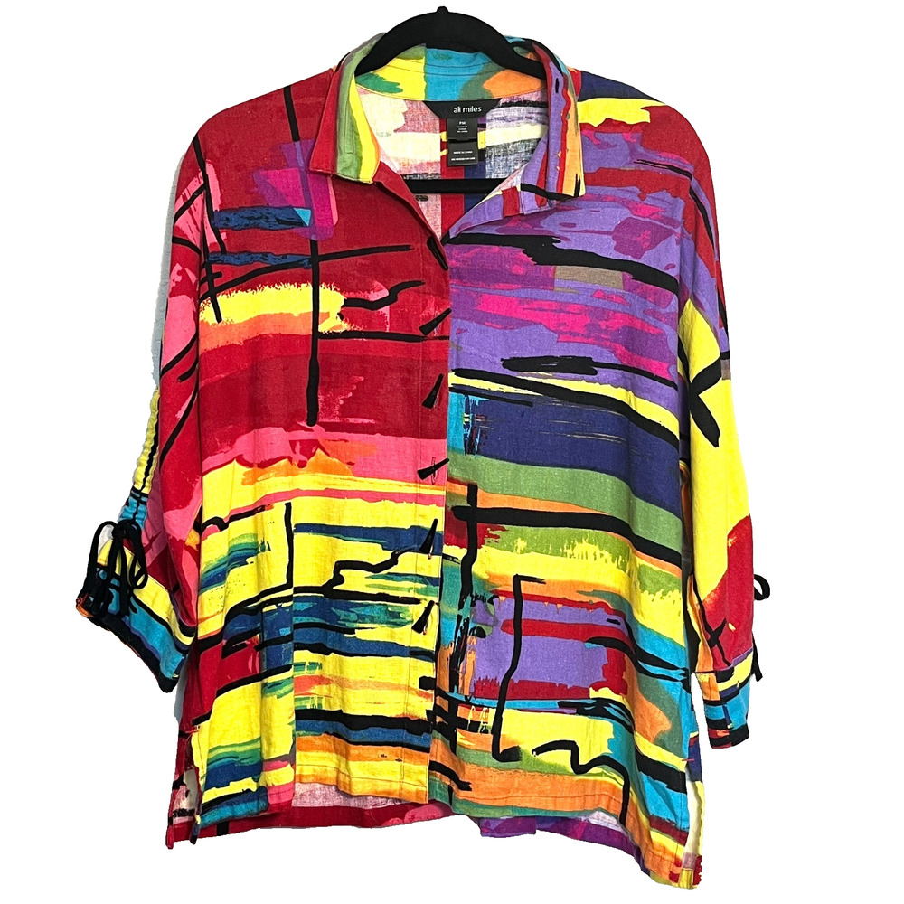 NEW Ali Miles Linen Blend Colorful Button Up 3/4 Sleeve Tunic PM Abstract Artsy